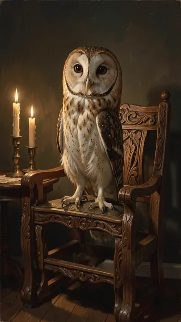 A brown owl perches on an ornate carved wooden chair beside lit brass candles in dim candlelight