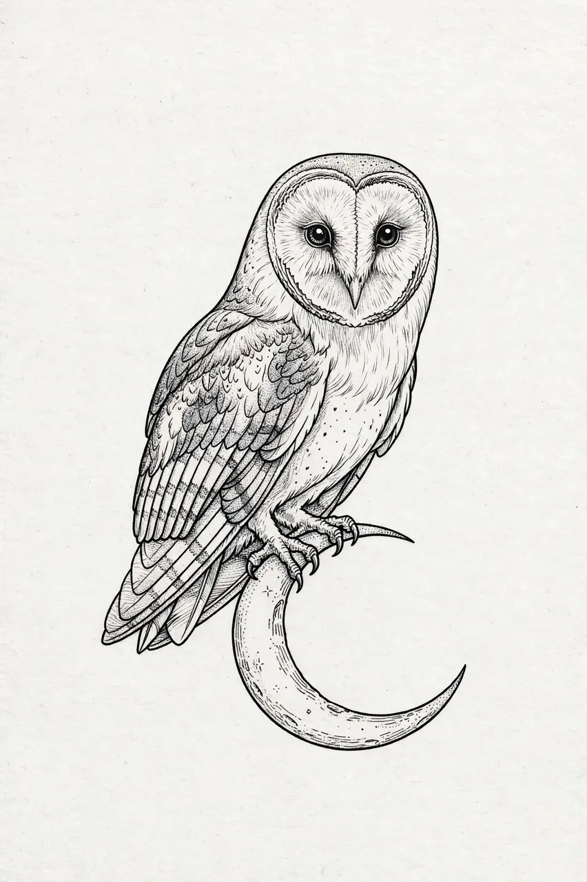 Fine line black ink illustration of a barn owl perched on a crescent moon against off-white paper