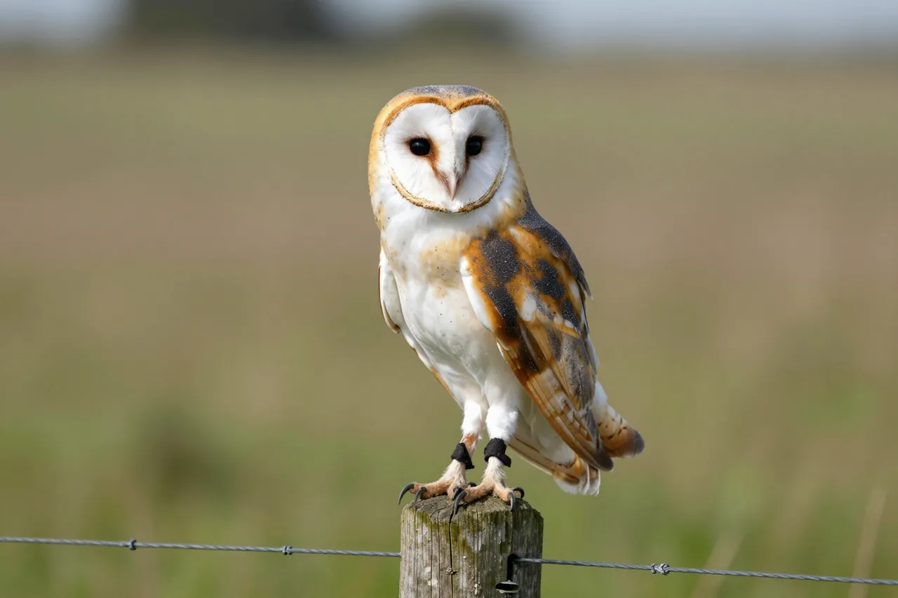 A barn owl perched on a weathered wooden fence post overlooking a blurred meadow