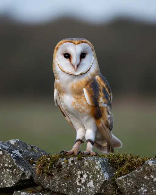 A barn owl with a distinct white heart-shaped face perches upright on a lichen-dusted mossy stone wall at dusk.