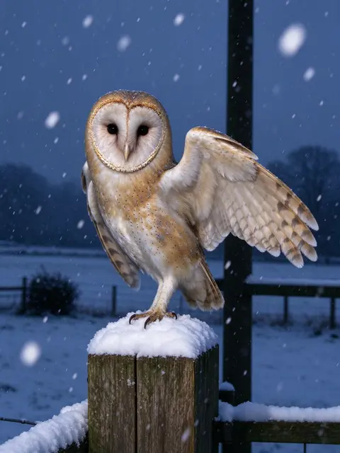 A barn owl stretches one wing while perched on a snow-covered wooden gatepost during falling snow at dusk