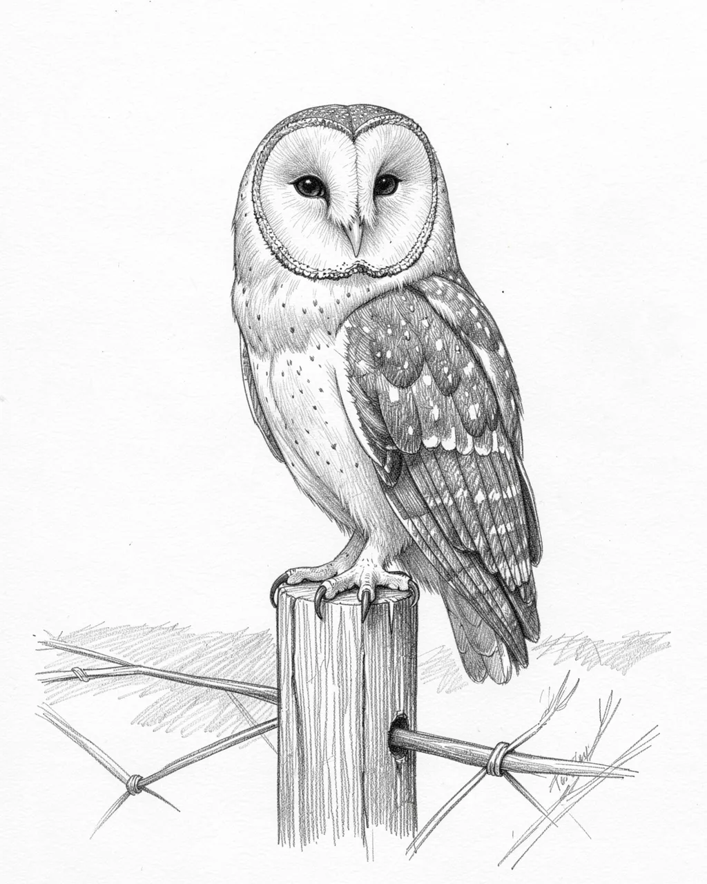 Fine graphite sketch of a barn owl perched on a wooden fence post on white paper