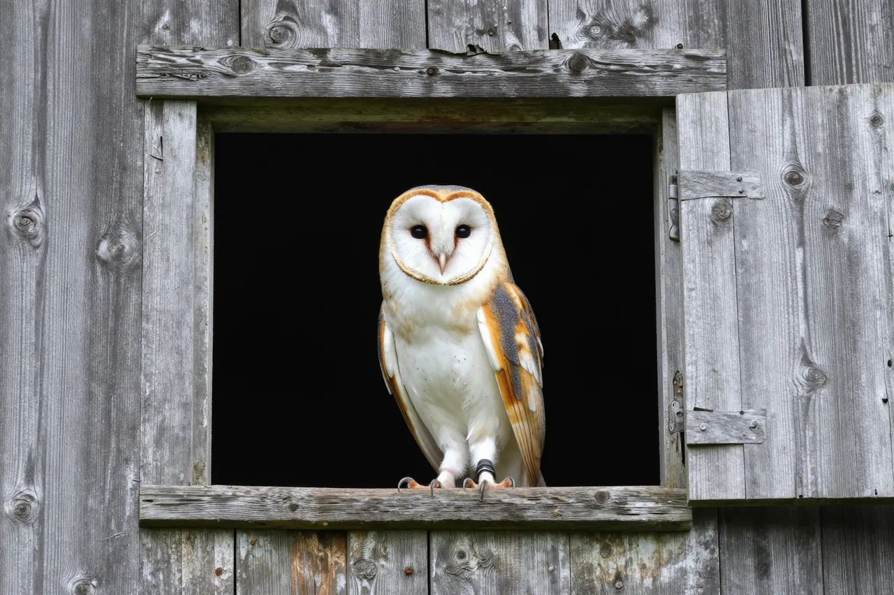 A barn owl with white facial plumage perches upright on the sill of an old weathered wooden barn window facing the camera.