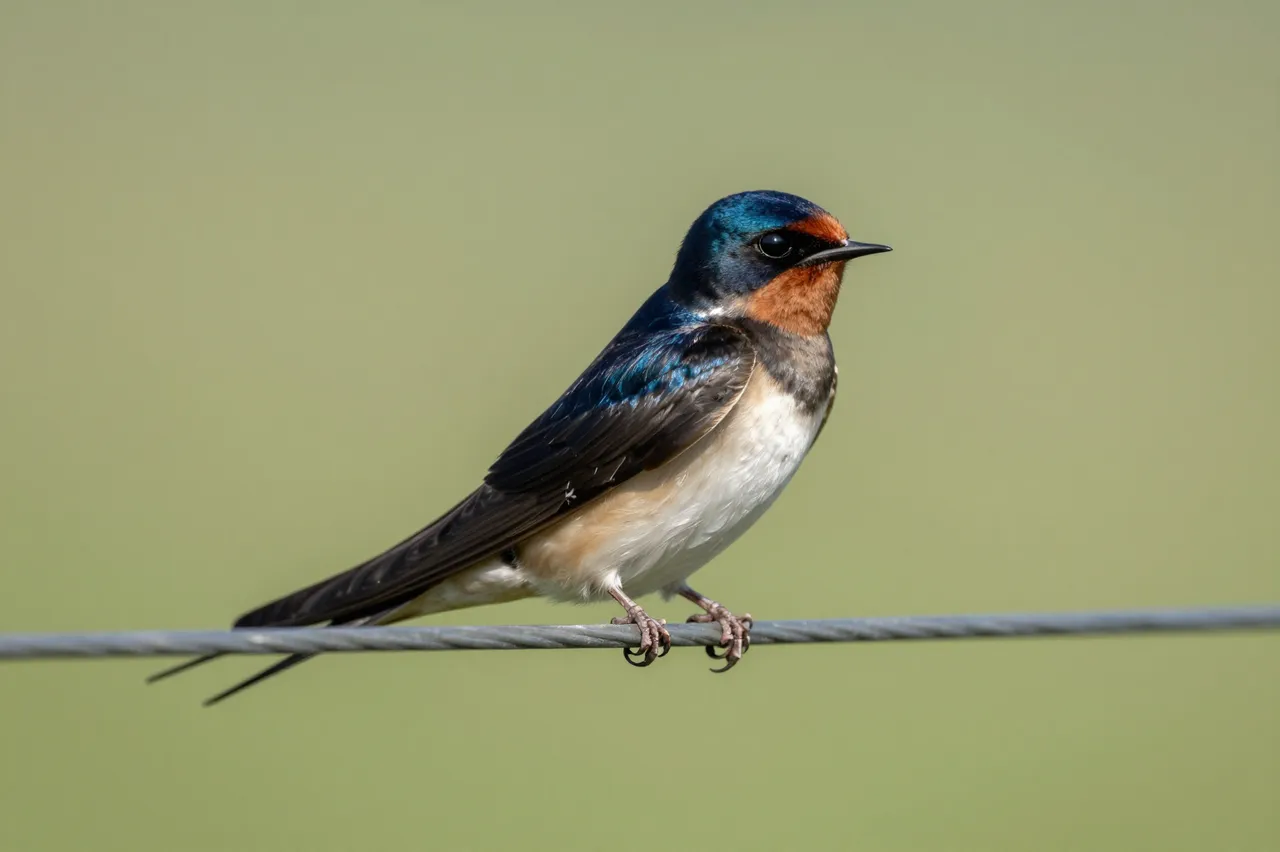 A barn swallow with iridescent blue plumage perched still on a thin twisted wire against soft blurred green background.
