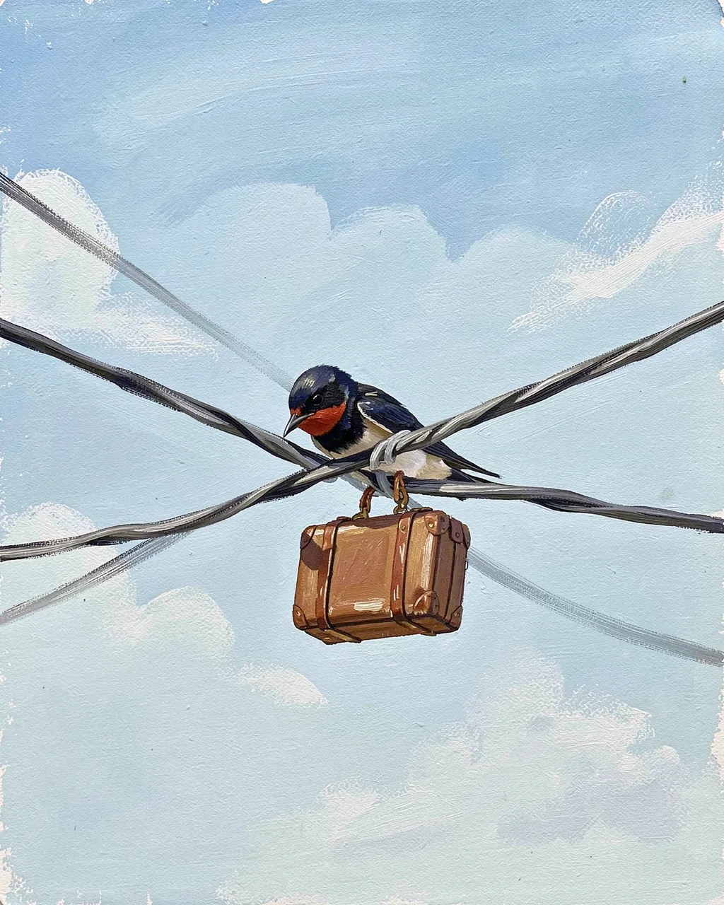 Gouache painting of a barn swallow perched on crossed telegraph wires holding a tiny brown suitcase against a cloudy sky