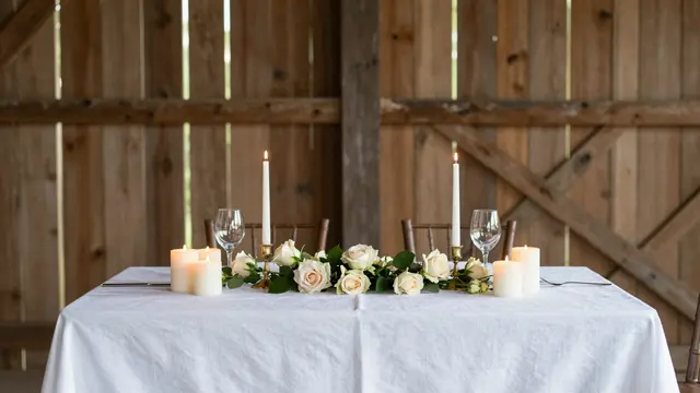 Set sweetheart table with white linen, rose garland and lit candles inside a rustic wooden barn loft