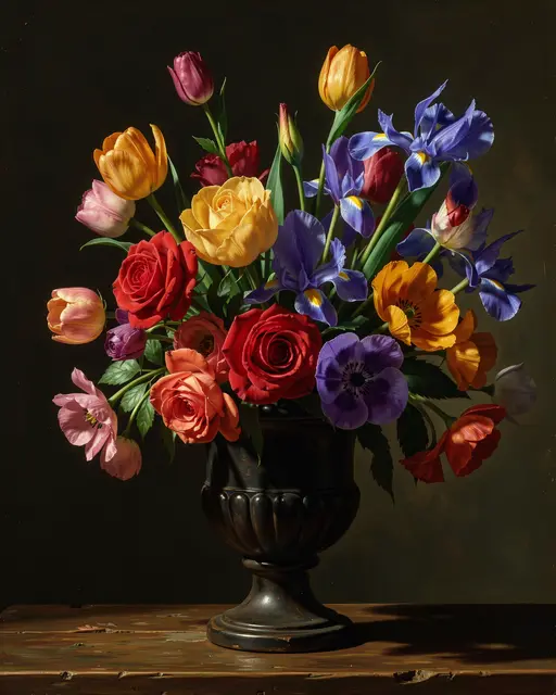 A lush arrangement of roses, tulips, irises and poppies sits in a dark urn on a wooden table under dramatic side lighting