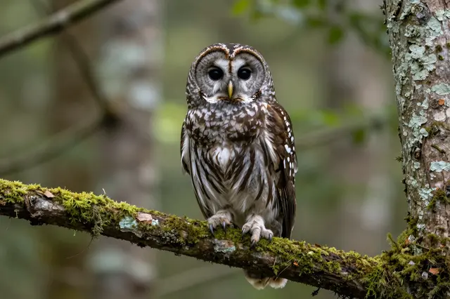 A barred owl perched upright on a moss-covered branch in a soft blurred forest setting.