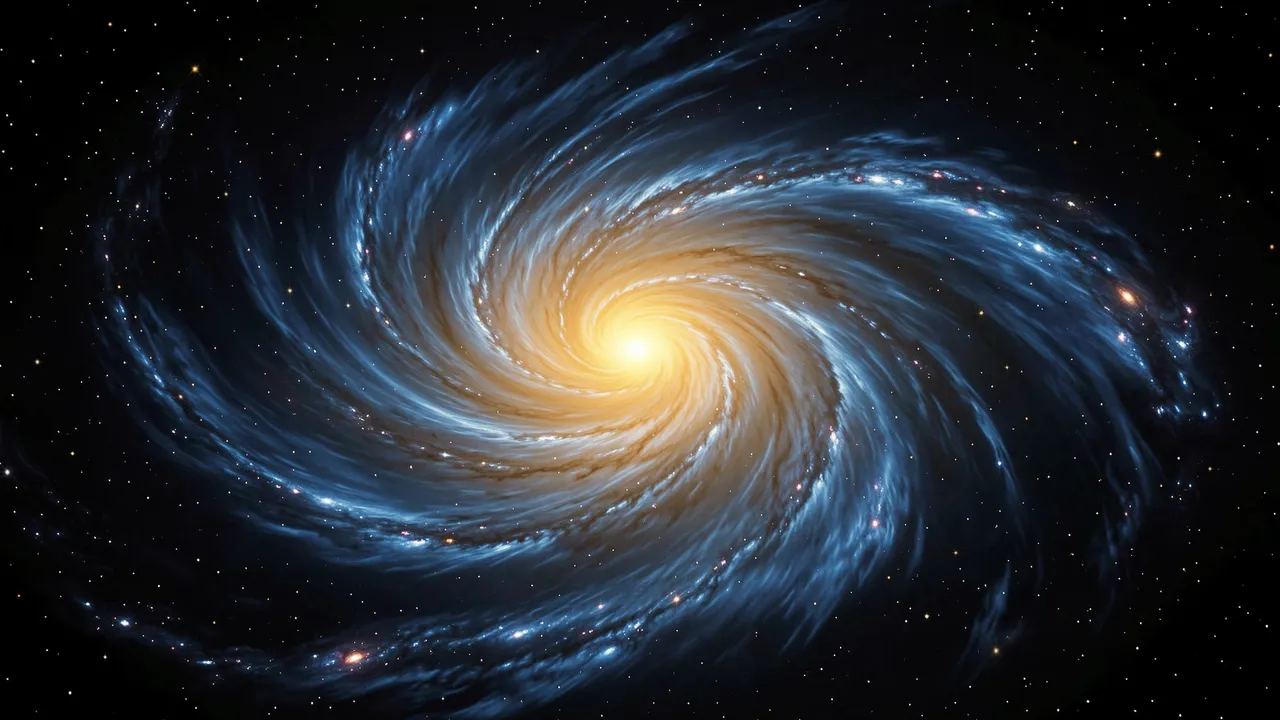 A barred spiral galaxy glows with a warm yellow core and swirling blue arms set against a starry dark space background
