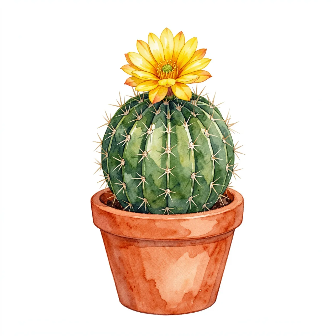 Watercolor illustration of a round barrel cactus with a yellow flower growing in a terracotta pot against a plain white