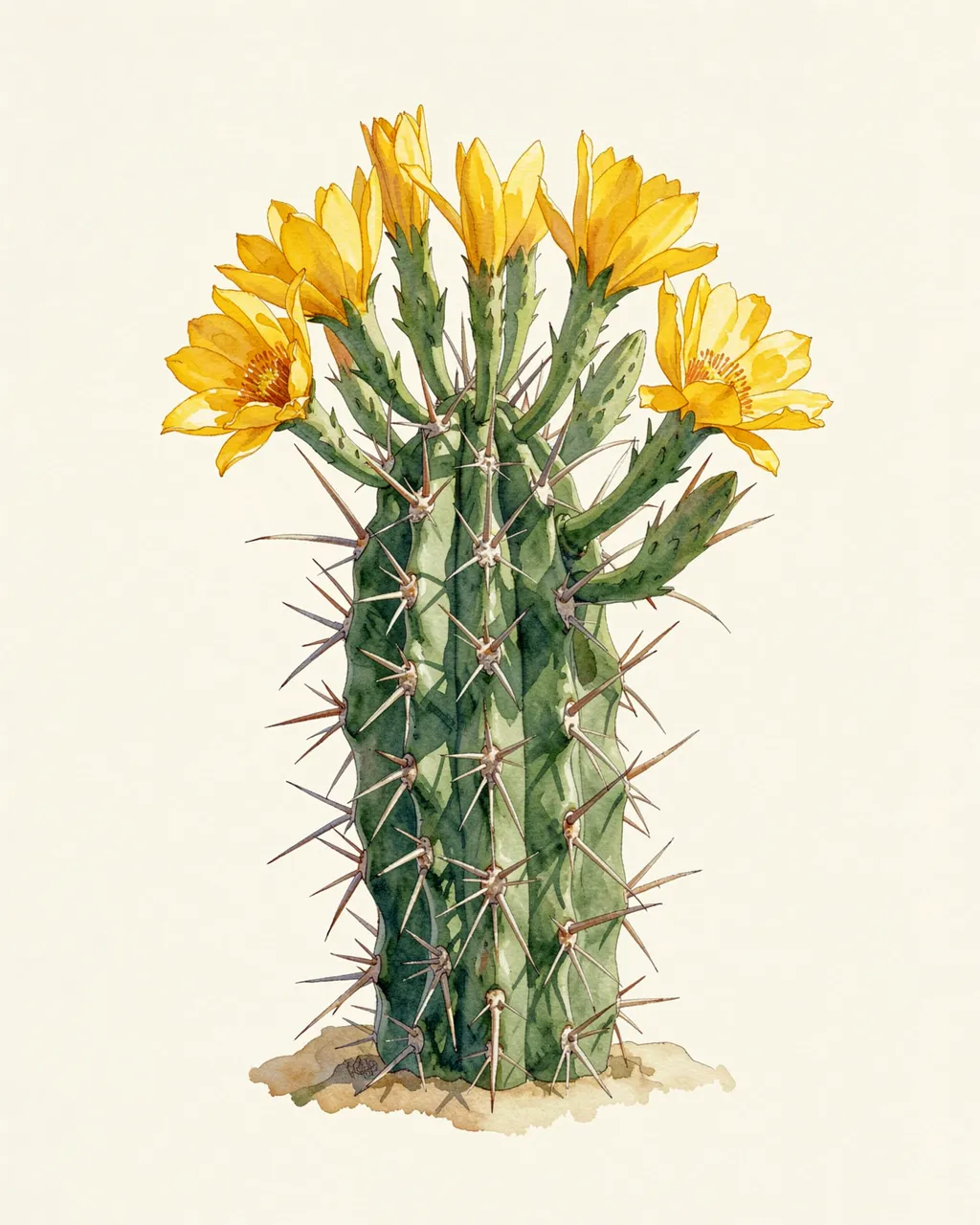 Watercolor illustration of a spiny barrel cactus topped with bright yellow flowers on cream paper