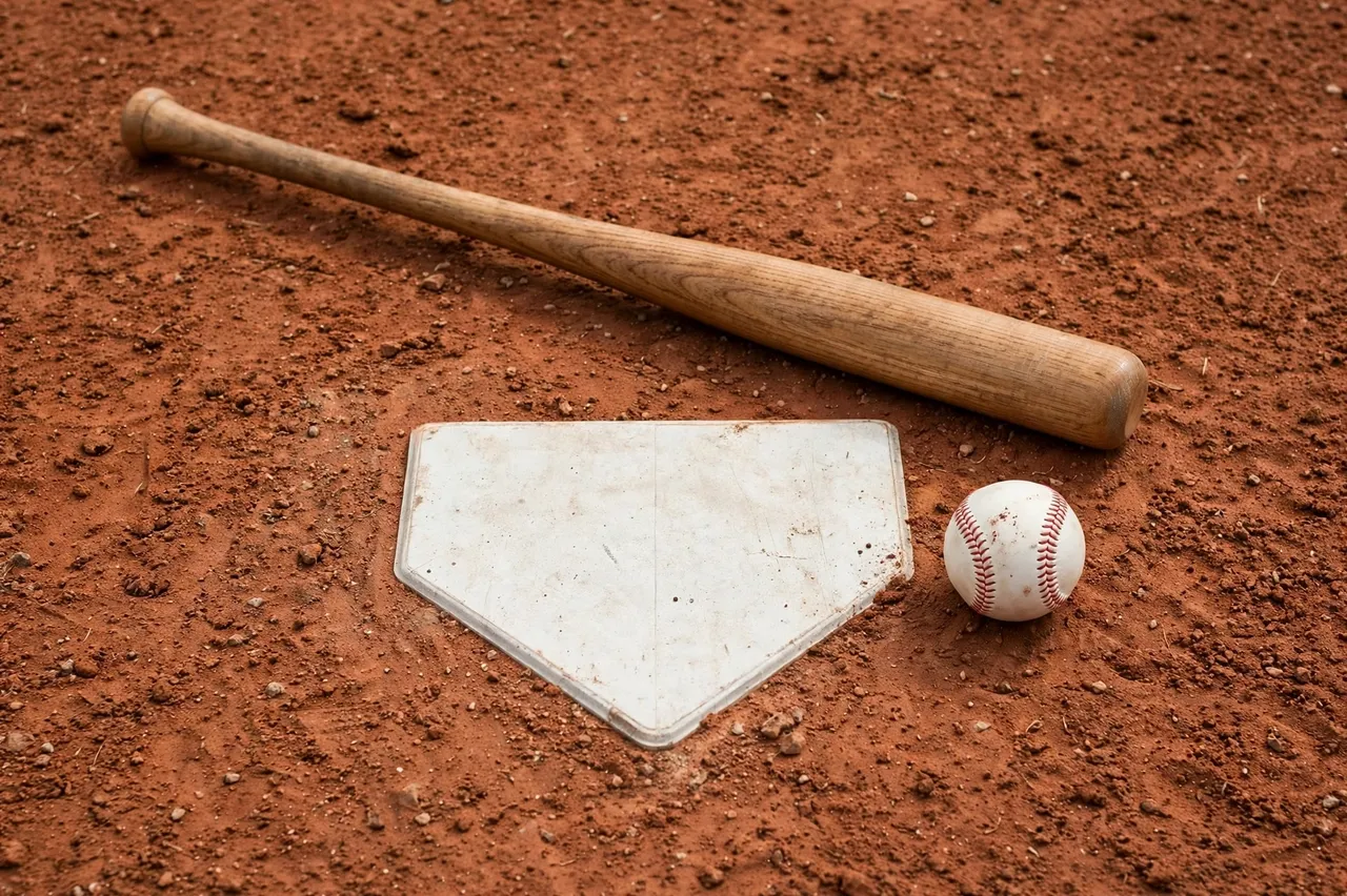 Wooden baseball bat, white home plate, and stitched baseball rest on red infield dirt