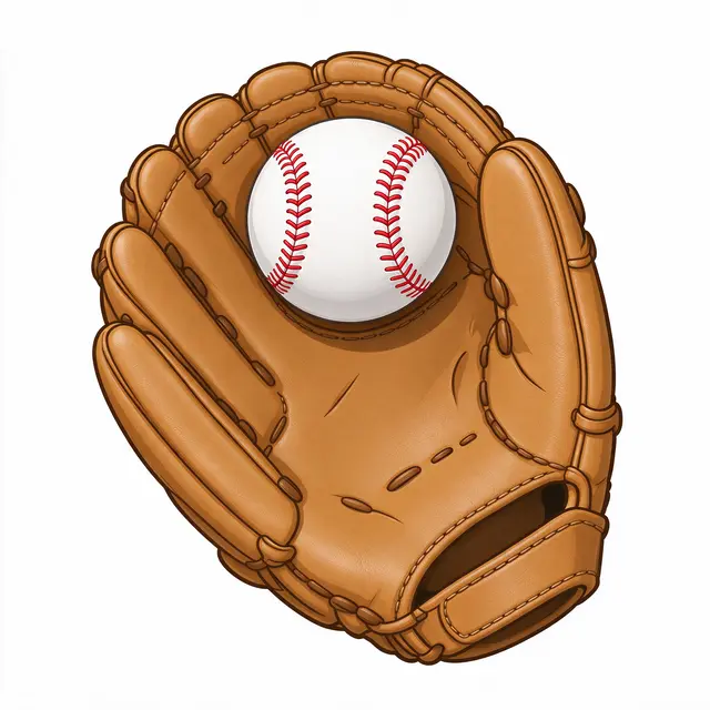 Tan leather baseball glove cradles a white baseball with red stitches on a plain white background