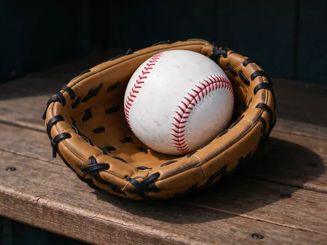 A worn white baseball with red stitching rests inside a tan leather baseball glove on a wooden dugout bench.