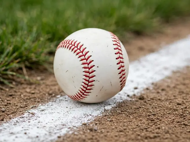 A worn white baseball with red stitching rests on the white chalk line of a dirt infield, with green grass behind.