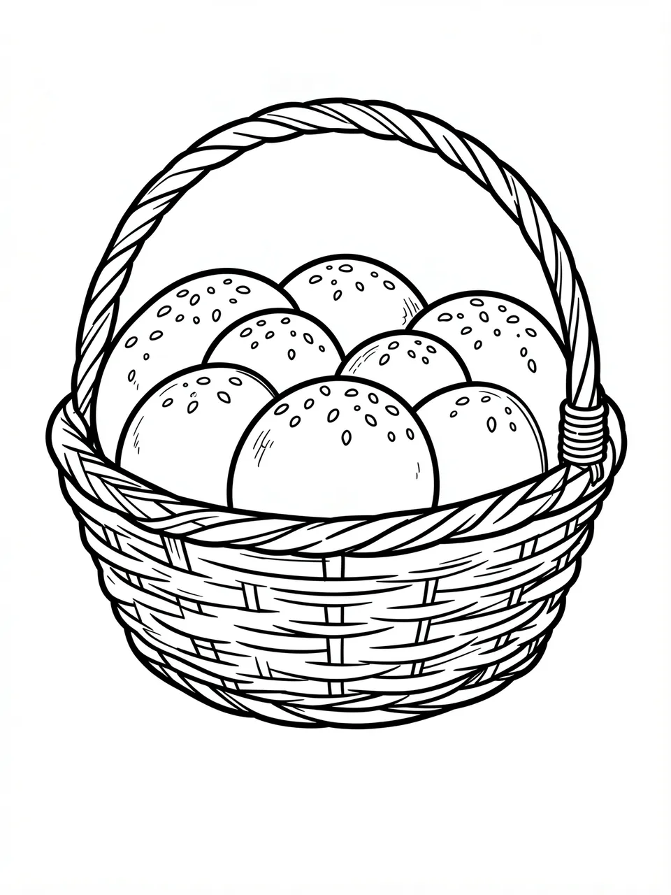 Black and white bold line art of a wicker basket filled with round dinner rolls on a plain white background