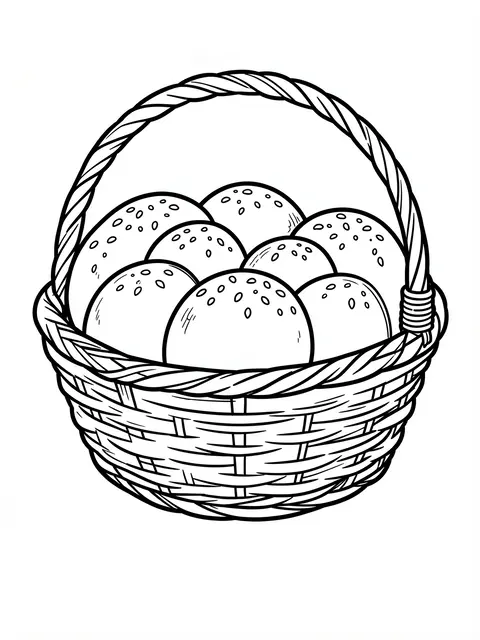 Black and white bold line art of a wicker basket filled with round dinner rolls on a plain white background