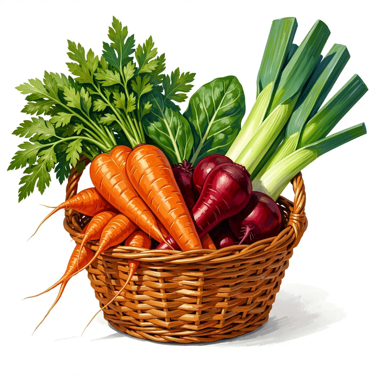 A gouache painting of a wicker basket holding freshly picked carrots, beets and leeks on a plain white background
