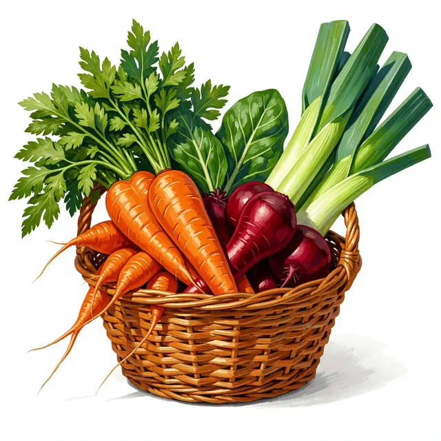 A gouache painting of a wicker basket holding freshly picked carrots, beets and leeks on a plain white background