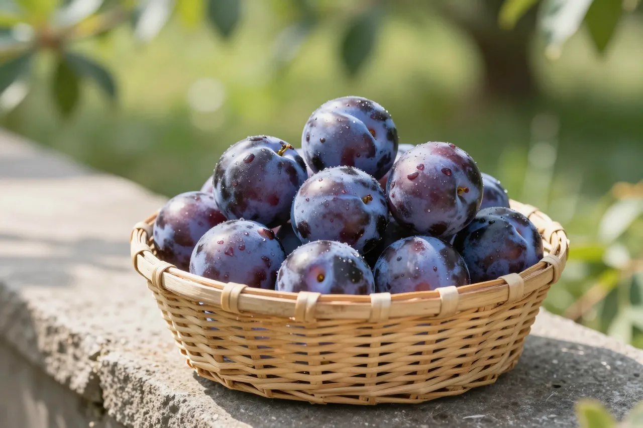 A wicker basket of dewy fresh picked plums rests on a sunlit garden stone wall