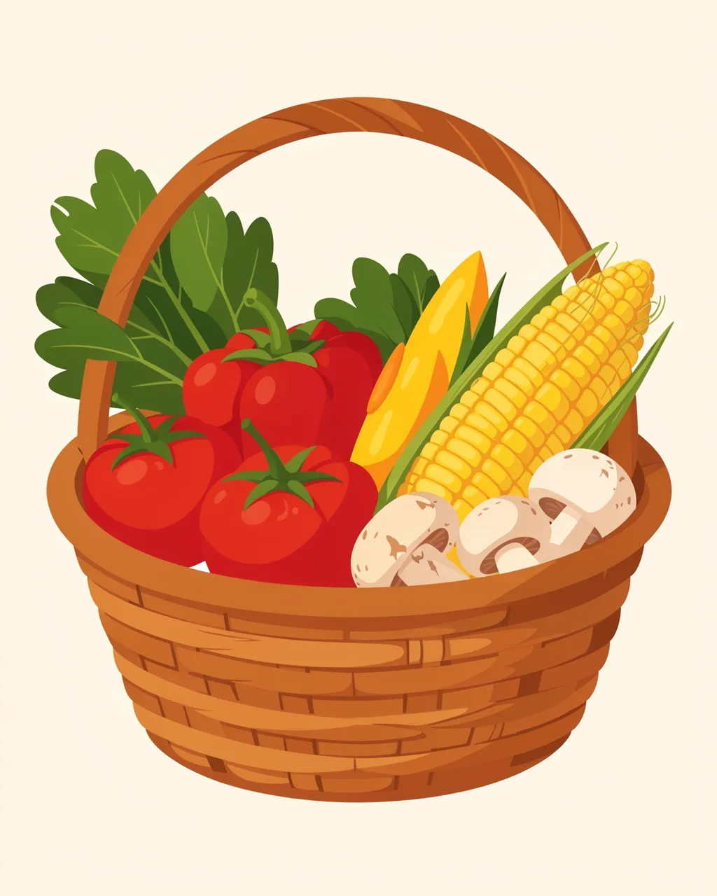 Woven wicker basket filled with tomatoes, bell pepper, corn, mushrooms and leafy greens on a light neutral background