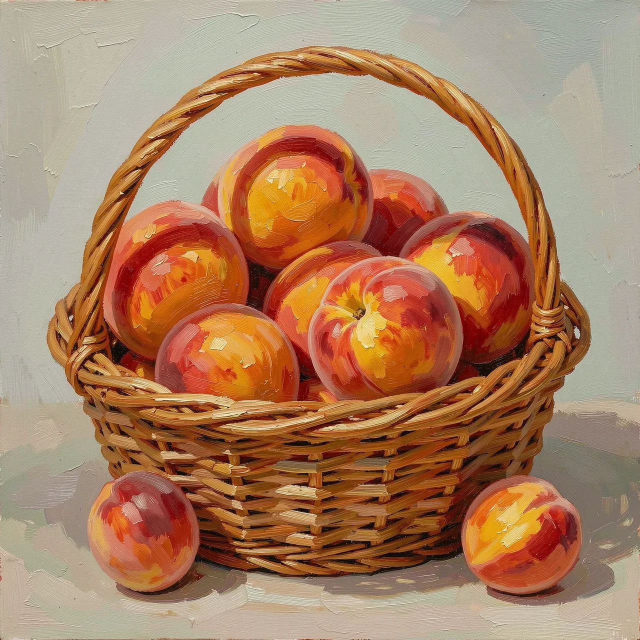 Textured oil painting of a wicker basket filled with ripe peaches, with two extra peaches resting beside it.