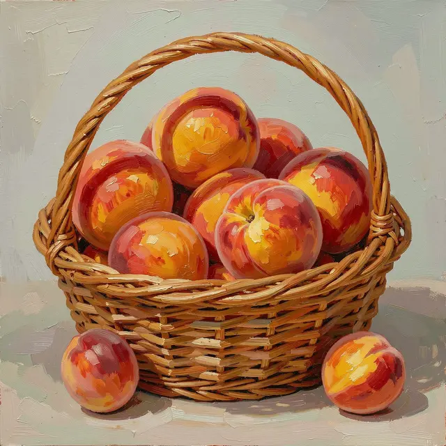 Textured oil painting of a wicker basket filled with ripe peaches, with two extra peaches resting beside it.