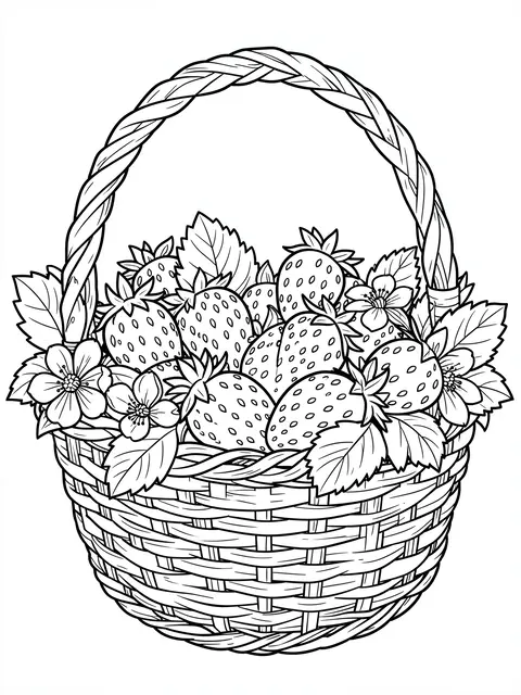 Black and white line art coloring page of a wicker basket filled with strawberries, leaves, and blossom flowers on a white