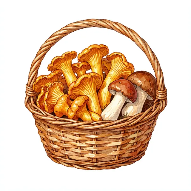Watercolor illustration of a wicker basket filled with chanterelle and porcini mushrooms on a plain white background