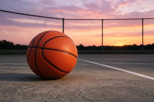 An orange basketball rests on a concrete outdoor basketball court under a pink and orange sunset sky.