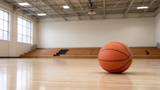 A plain orange basketball rests on a polished wooden gymnasium floor in an empty indoor court