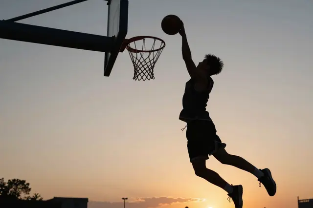 Silhouette of a leaping basketball player going for a dunk near the hoop during a colorful sunset.