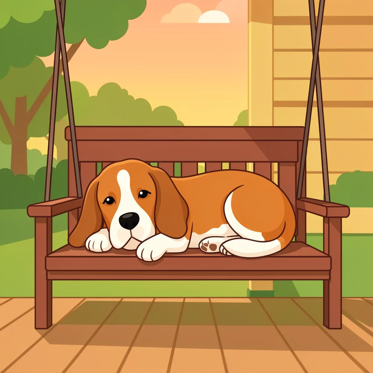 Cute basset hound rests on a wooden porch swing during a warm summer evening sunset