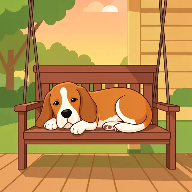 Cute basset hound rests on a wooden porch swing during a warm summer evening sunset