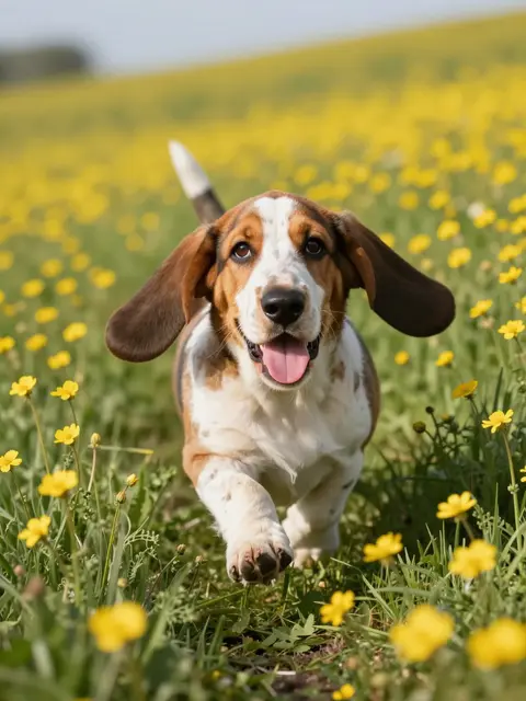 A happy basset hound puppy runs toward the camera through a sunlit field of yellow buttercups.
