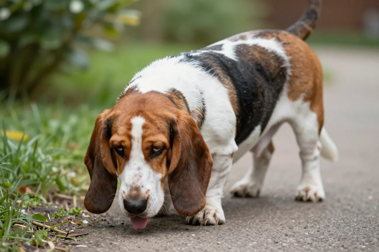 A tricolor basset hound with long floppy ears sniffs along a paved garden path next to grass.