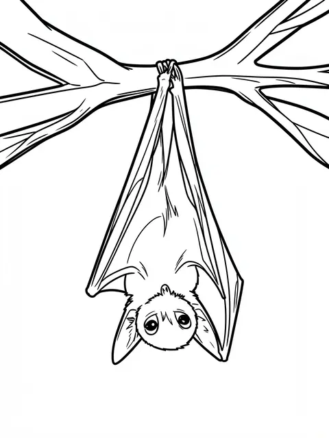 Bold black line art of a bat hanging upside down from a bare tree branch on a plain white background