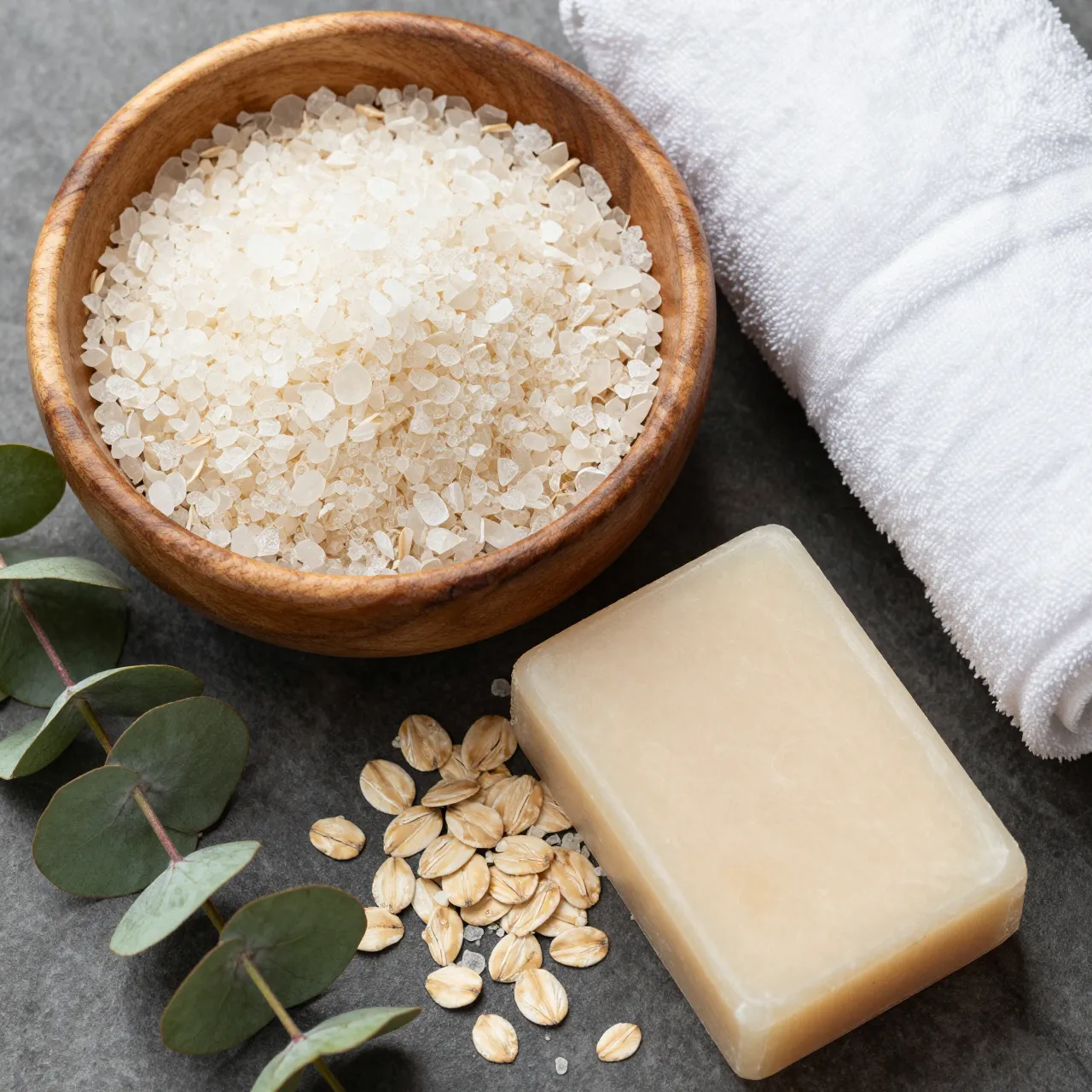 Flat lay of bath salts in a wooden bowl, oat soap, eucalyptus, oats, and a rolled white towel on gray stone.