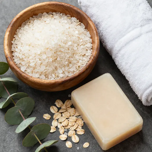 Flat lay of bath salts in a wooden bowl, oat soap, eucalyptus, oats, and a rolled white towel on gray stone.