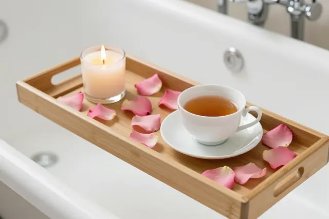 A bamboo bath tray across a clawfoot tub holds a lit candle, teacup, and scattered pink rose petals.