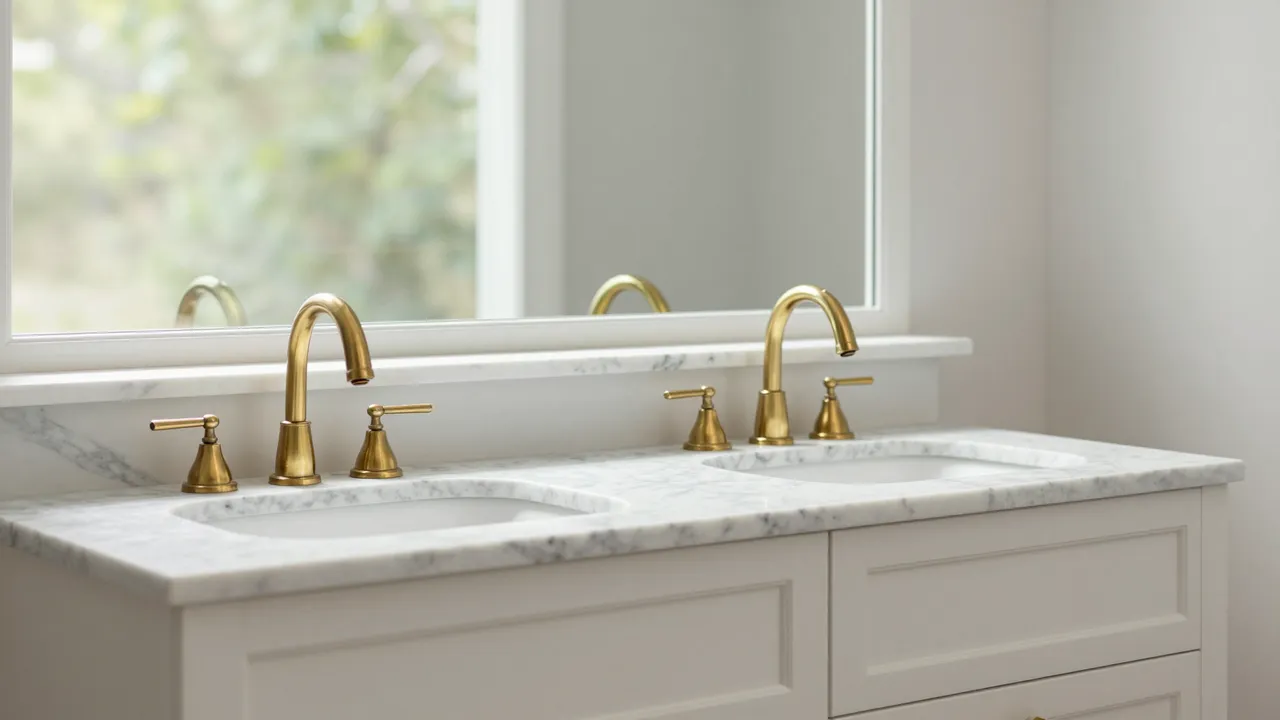 Modern double bathroom vanity with marble countertop and brass faucets beneath a wide window