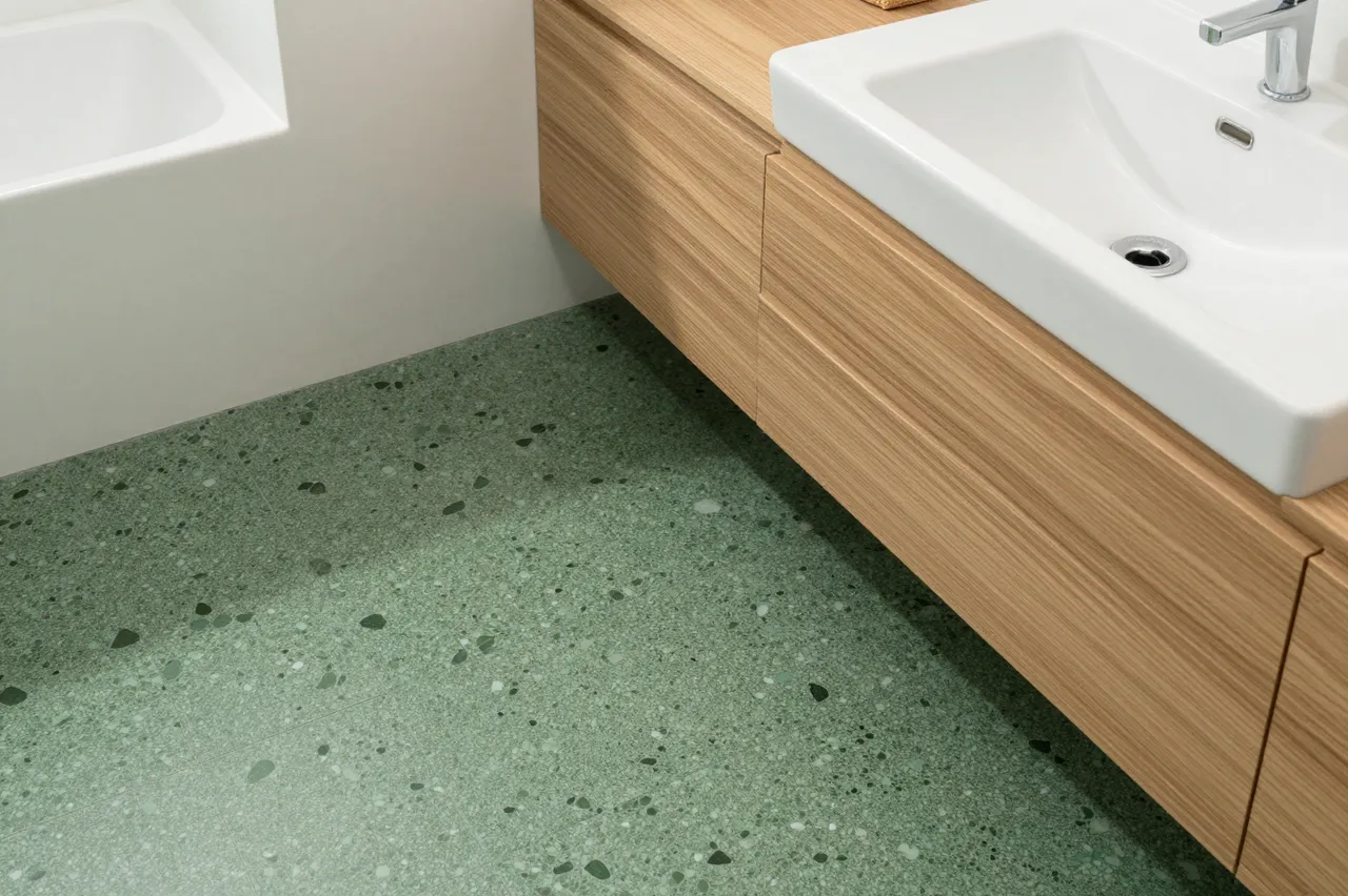 Partial view of a modern bathroom with green terrazzo floor, wall-mounted oak vanity, and white fixtures