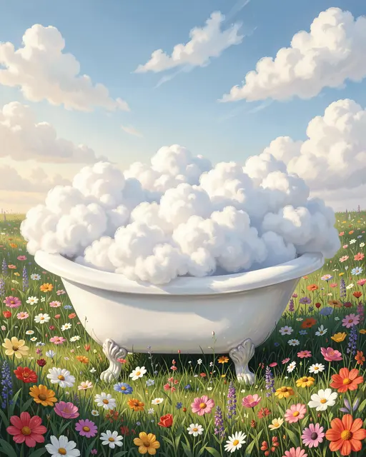 A vintage clawfoot bathtub filled with fluffy clouds sits in a vibrant wildflower meadow under a bright blue sky