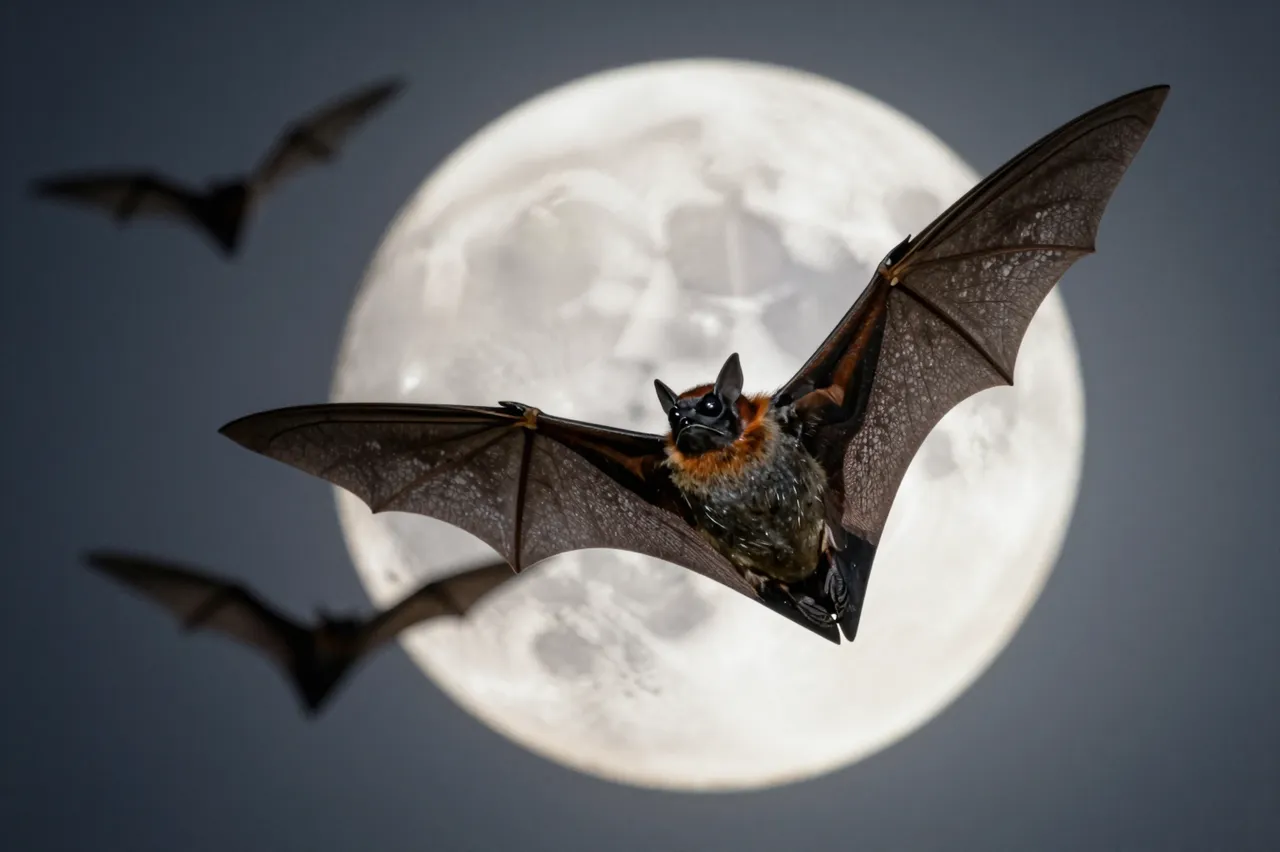 A sharp flying fruit bat and two out-of-focus bats pass in front of a large full moon against a dark night sky