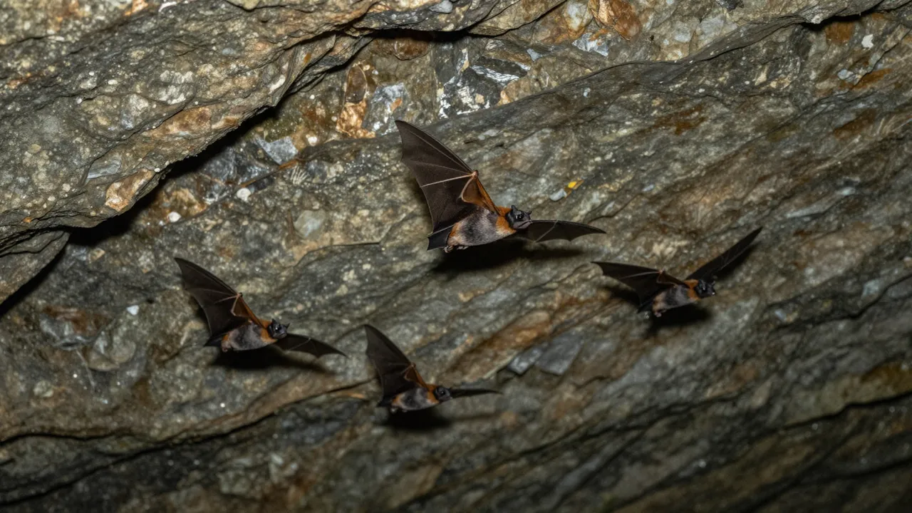 Four bats in flight against the textured rocky wall of a cave interior