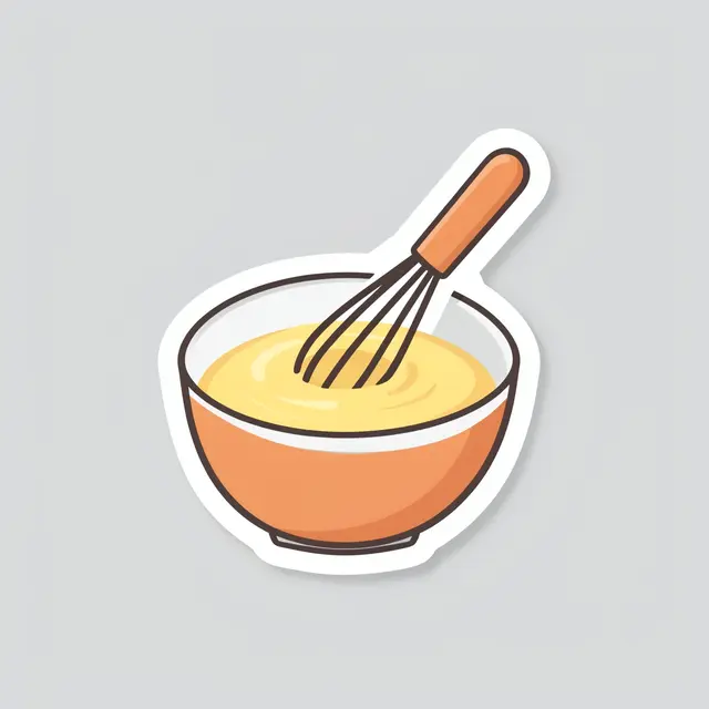 Die-cut sticker illustration of a mixing bowl with yellow batter and a whisk on a plain light gray background