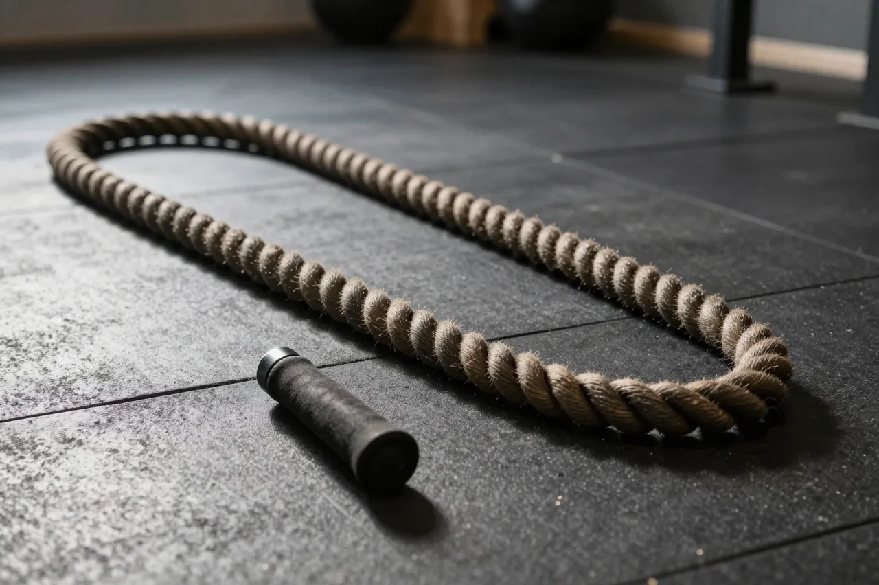 A thick twisted battle rope rests coiled in a gentle loop on a dark rubber gym floor with low side lighting.