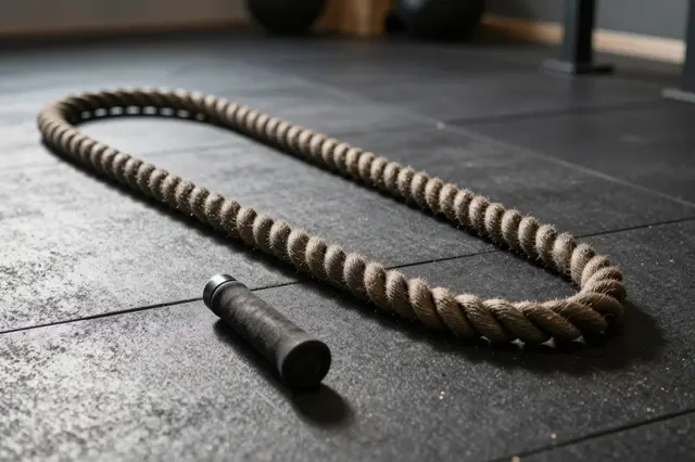 A thick twisted battle rope rests coiled in a gentle loop on a dark rubber gym floor with low side lighting.