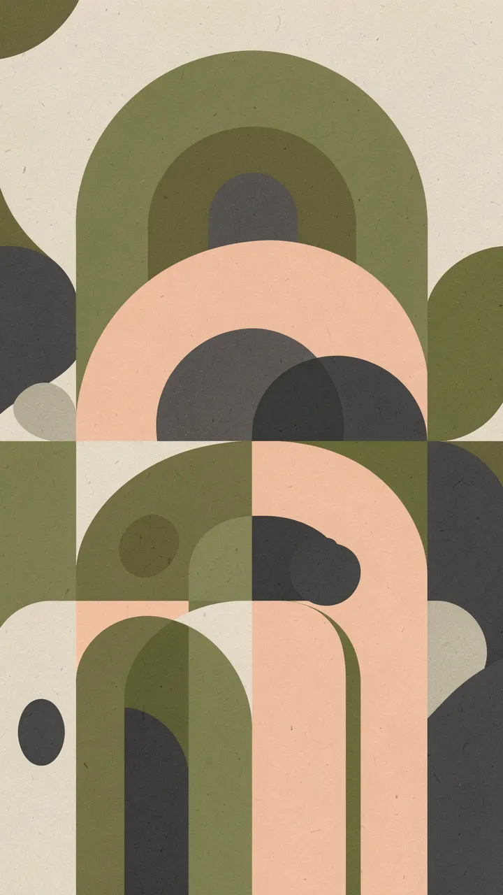 Vertical abstract bauhaus arrangement of overlapping arches and circles in olive, peach, and charcoal with visible paper