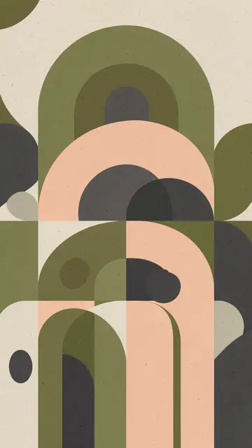 Vertical abstract bauhaus arrangement of overlapping arches and circles in olive, peach, and charcoal with visible paper
